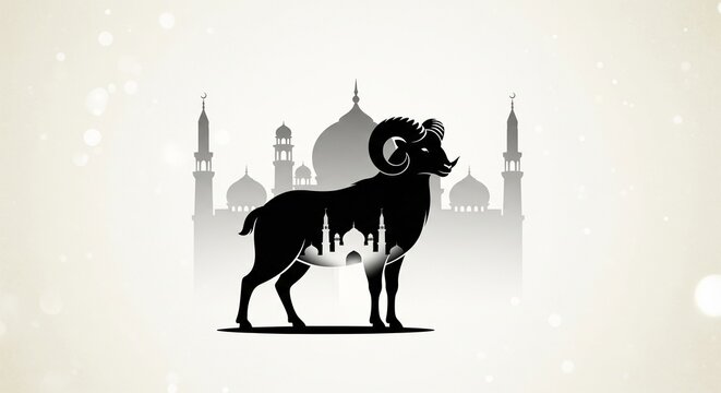 Black silhouette ram and mosque in an Islamic Eid al-Adha celebration vector.