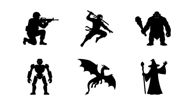 Fantasy and Sci-Fi Character Silhouettes: Warrior, Ninja, Troll, Robot, Dragon, Wizard