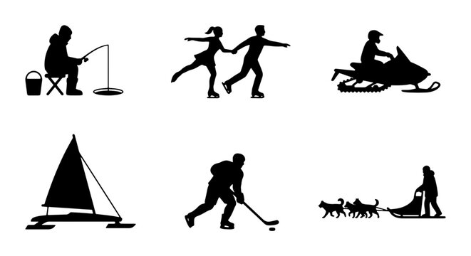 Winter Sports Icons, Outdoor Activities Silhouettes, Ice Fishing, Skating, Snowmobiling, Sailing, Hockey, Dog Sledding