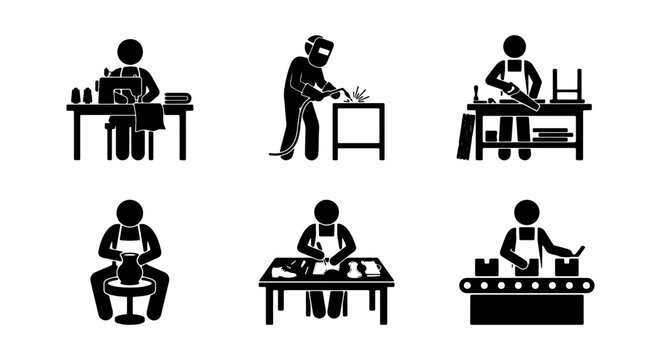 Craftsman Icons: Sewing, Welding, Carpentry, Pottery, Assembly Line, Manufacturing