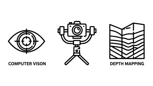 Computer vision and depth mapping technology icons: eye camera gimbal map with artificial intelligence machine learning technology robotics analysis perception navigation surveying geography