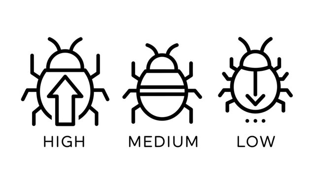 Bug icons representing high medium low levels with quality assurance flat design severity software management analysis performance application development assessment evaluation indicator