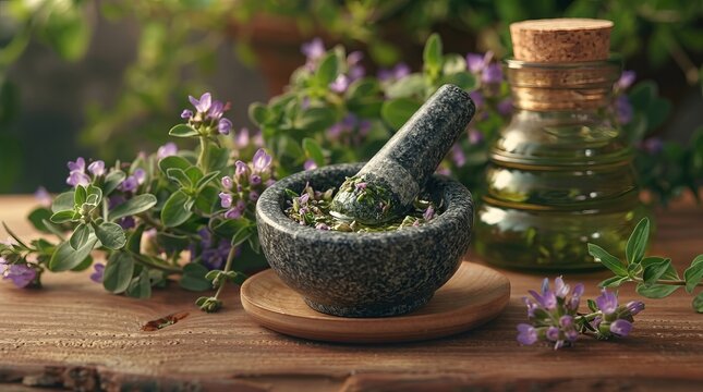 Herbalist grinding fresh herbs in a stone mortar with essential oil bottle nearby