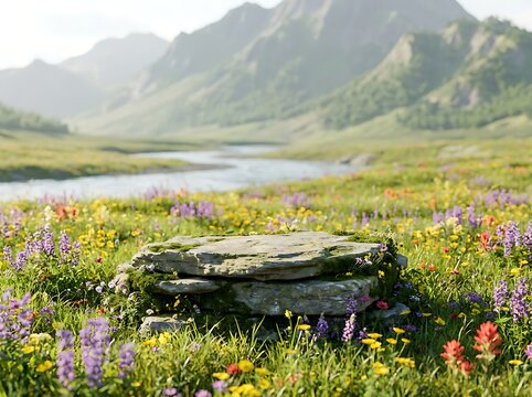 Beautiful flower meadow with stone table in mountain valley landscape