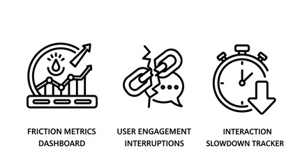 Fototapeta premium Ux friction metrics user engagement interruptions slowdown tracker icons with user experience speech bubble friction dashboard engagement interruptions slowdown performance analytics solution