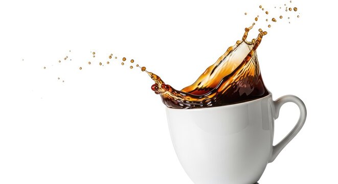 A dynamic high-speed photograph of dark brown coffee splashing out of a white ceramic mug, creating elegant droplets and liquid waves, explosion, white, accidental