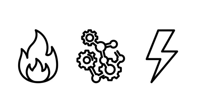 Dynamic fire interconnected gears lightning bolt energy icons set with electricity lightning mechanism industrial connection structure abstract technology engineering innovation solution