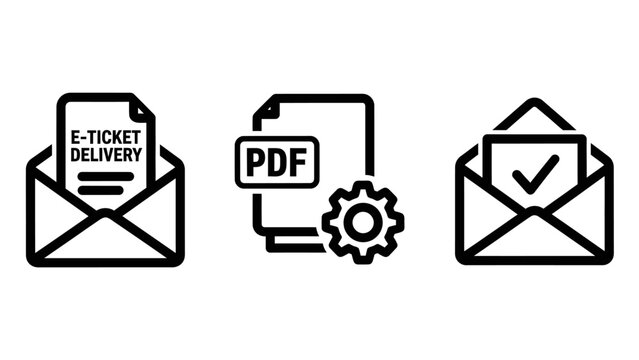 E-ticket delivery pdf document processing email confirmation icons for digital communication and services with delivery document processing confirmation communication application software