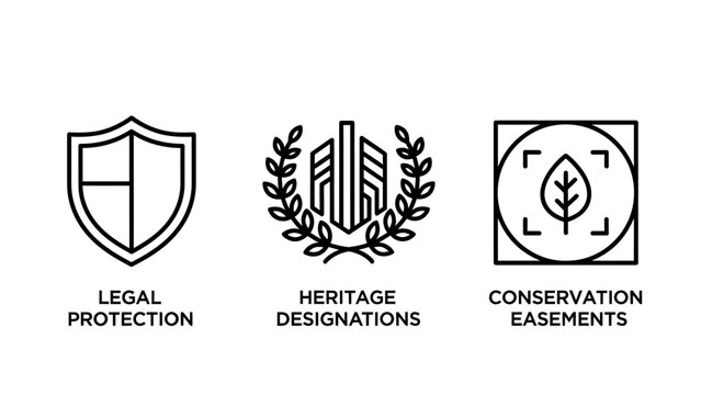 Legal protection heritage designations conservation easements icons for preservation concepts with real estate environment protection environmental law preservation building environment security