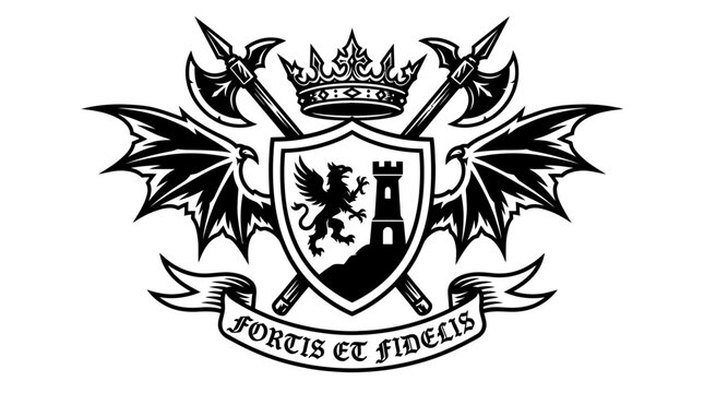 Heraldic Crest with Griffin, Castle, Crown, Axes, and Banner