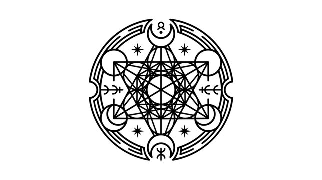 Sacred Geometry Metatron's Cube Symbol with Moon and Stars, Esoteric Design
