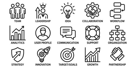Fototapeta premium Business Teamwork and Strategy Icons Set Outline