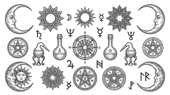 Mystical Symbols Collection: Moon, Sun, Stars, Alchemy, Runes, Compass - Vintage Engraving
