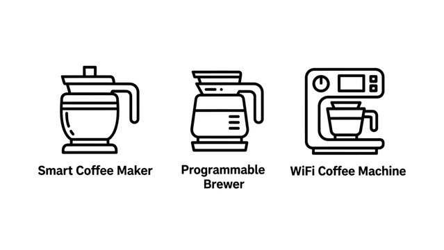 Set of smart coffee maker line icons featuring programmable brewer and wi fi connected coffee machine designs for kitchen automation programmable technology appliance espresso electronic beverage