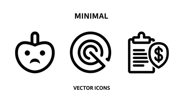 Selection of minimal vector icons featuring a sad heart character a target objective and a financial insurance clipboard with security shield business insurance character clipboard document