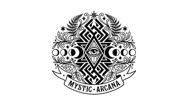 Mystic Arcana Eye Symbol with Moon Phases and Ferns - Esoteric Vector Art