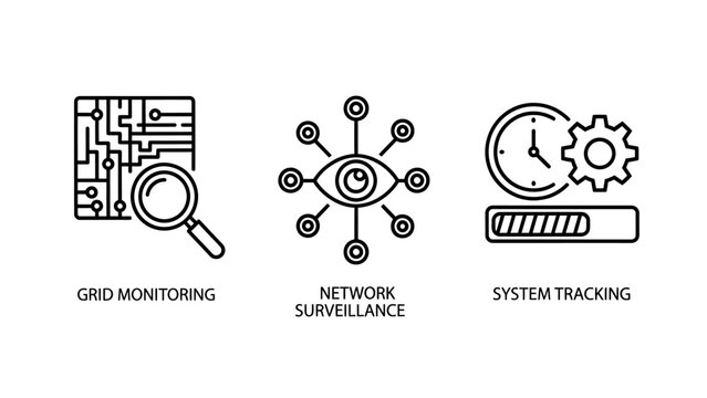 Information technology security and surveillance icons for grid monitoring network surveillance and real time system tracking with performance analytics security surveillance monitoring tracking