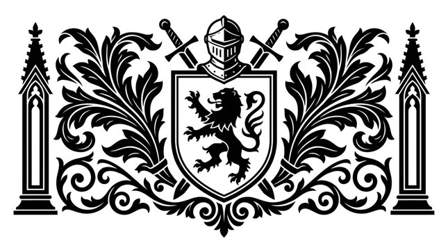 Heraldic Lion Shield Crest with Swords and Ornate Flourish - Black Vector
