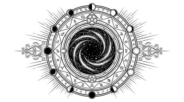 Mystical Cosmic Circle with Moon Phases and Zodiac Symbols