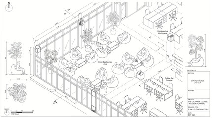 Fototapeta premium Architectural illustration depicts a minimalist lounge seating area with clean lines and simple furniture in an indoor setting with plants.
