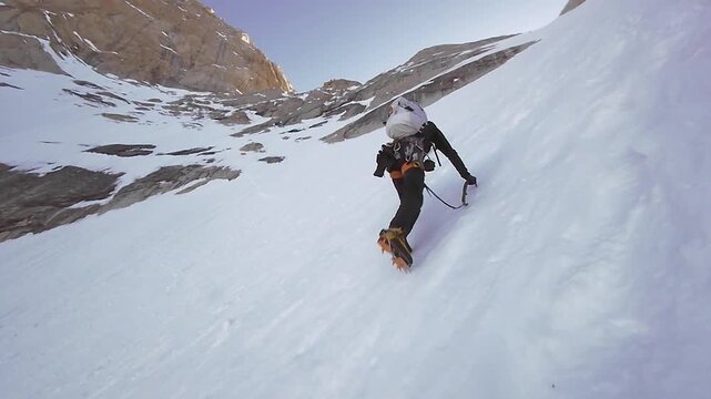 Adventurous mountaineer climbing a snowy slope with an ice axe and crampons