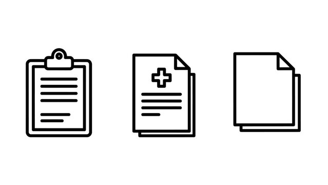 Medical documentation and office clipboard icon set for healthcare administration and patient records management with healthcare document clipboard hospital medicine administration diagnosis