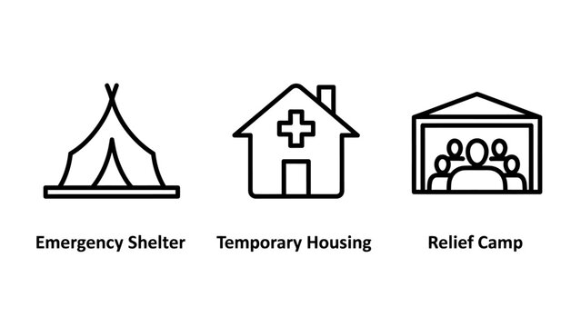 Humanitarian aid icons for emergency shelter temporary housing and relief camp for disaster response with non profit humanitarian emergency disaster community assistance protection response
