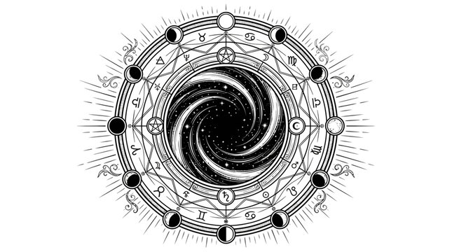 Mystical Cosmic Circle: Moon Phases, Astrology Symbols, Galaxy Swirl