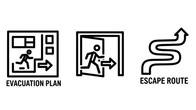 Emergency evacuation icons showing safety plan exit door and escape route directional arrow with evacuation emergency direction building security procedure survival floorplan guidance
