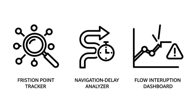 Business process optimization icons featuring friction point tracker navigation delay analyzer and flow interruption dashboard for data analytics and workflow efficiency business analysis workflow
