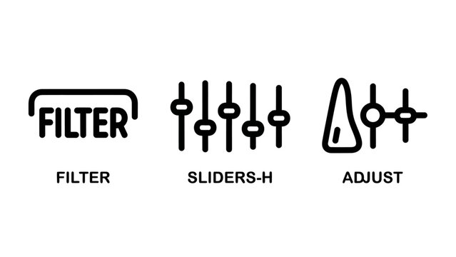 User interface editing icons including filter sliders and adjustment controls for digital media production and software design applications with interface software production application platform