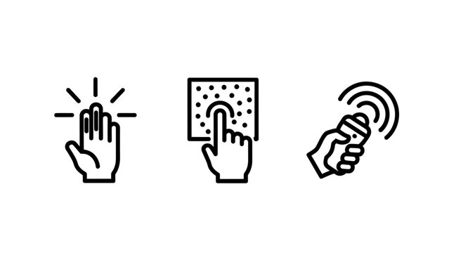 Black line icons representing hand gestures and human interaction with technology including touch screen controls and wireless remote signal device wireless technology interaction interface