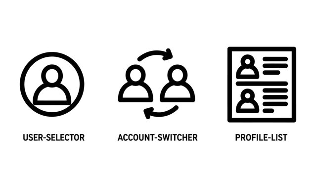 User profile management UI icon set including user selector account switcher and profile list with selector switcher management interface navigation software business information employee
