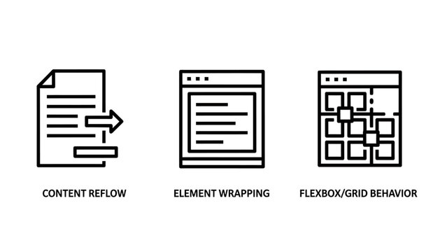 Web development and layout design icons set featuring content reflow element wrapping flexbox grid behavior principles development wrapping responsive interface structure programming