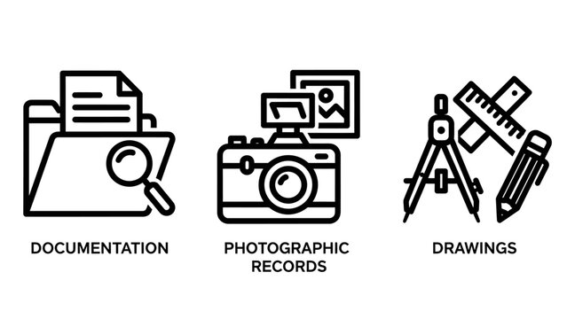 Collection of document management and technical design line icons with documentation photography drawings drafting engineering magnifying blueprint technical equipment professional archiving