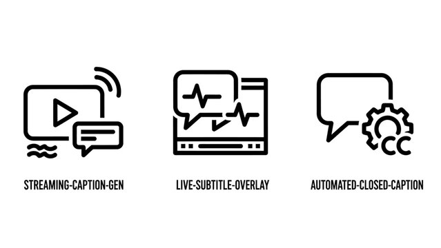Streaming and automated closed caption generation icons set with streaming captions subtitles automation technology broadcast settings communication interface illustration accessibility