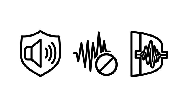 Audio signal processing and noise control icons set with mute icon sound wave protection frequency vibration reduction electronic acoustics amplitude minimalist waveform technical settings
