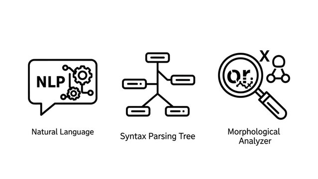 Natural language processing and computational linguistics icon set featuring nlp speech bubble syntax parsing tree and morphological analyzer magnifying glass language processing morphological