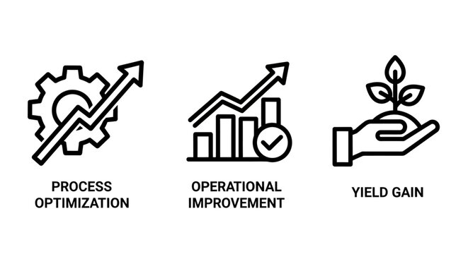 Business process optimization operational improvement and yield gain line icons with optimization operational improvement efficiency business productivity strategy management development
