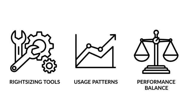 Rightsizing tools usage patterns and performance balance line icon set with rightsizing patterns performance optimization efficiency management analytics business measurement strategy