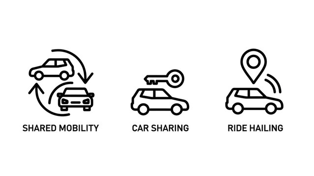 Set of shared mobility ride hailing and car sharing line icons isolated on white background with mobility transportation technology platform connection location navigation interface business