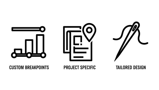Set of customization and design icons featuring breakpoints project marker and tailored sewing needle customization breakpoints development tailored responsive location planning creation