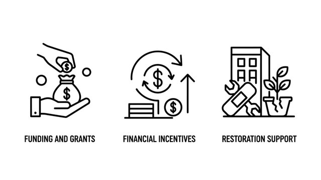 Financial and support concept icons showing money bag incentive and building restoration with incentive building restoration investment improvement construction architecture business currency