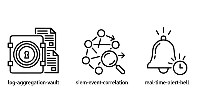 Data security and analytics icon set featuring a digital vault network analysis alert system security analytics technology protection information monitoring correlation analysis realtime