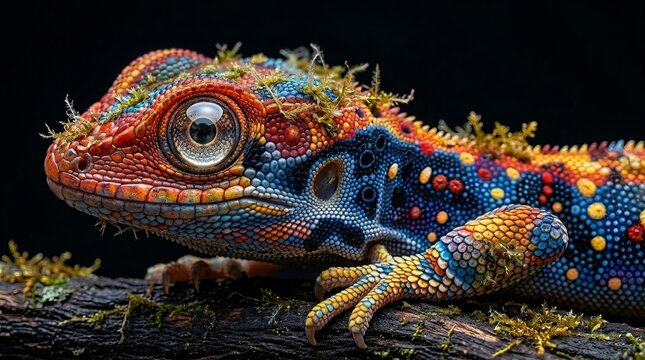 Vibrant, colorful lizard with striking eyes rests on a mossy branch, showcasing intricate patterns and textures.