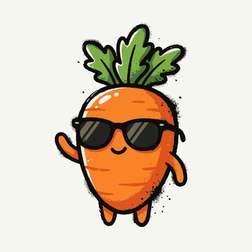 Cute cartoon carrot character wearing cool sunglasses waving hello.