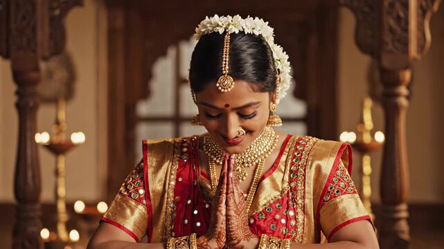 Indian woman in traditional attire performing a cultural dance gesture with hands