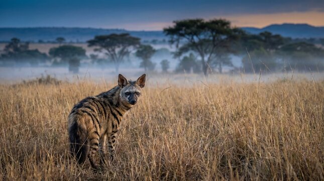 Rare wildlife portrait of an aardwolf walking through African grassland while looking back toward the camera during blue hour