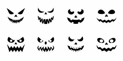 eight halloween jack o lantern faces black silhouettes on white background © Rahul