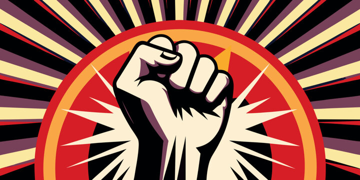 raised fist illustration with radial burst propaganda art style